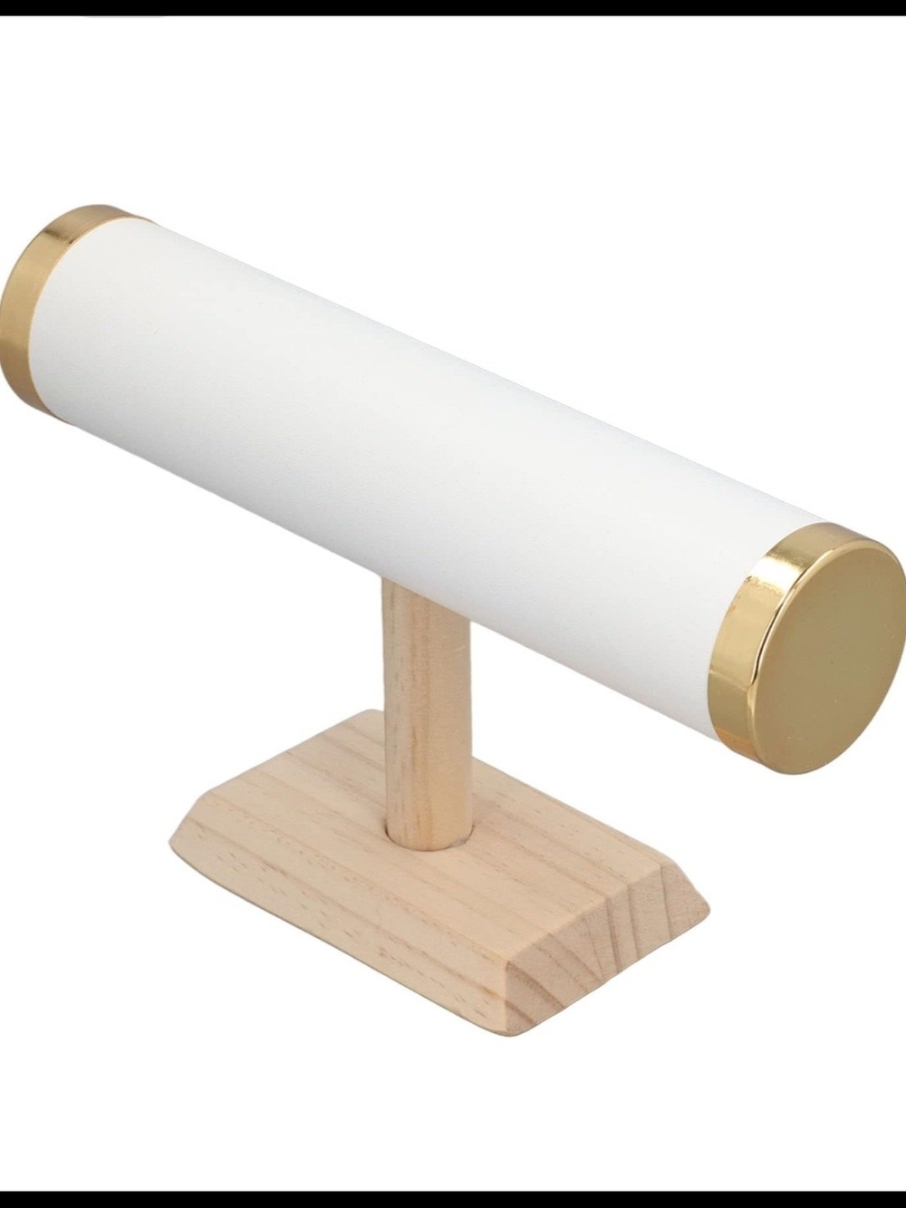 White and Gold Jewelry T-Bar Display on Wood Stand, 9 Inches, White Fx Leather